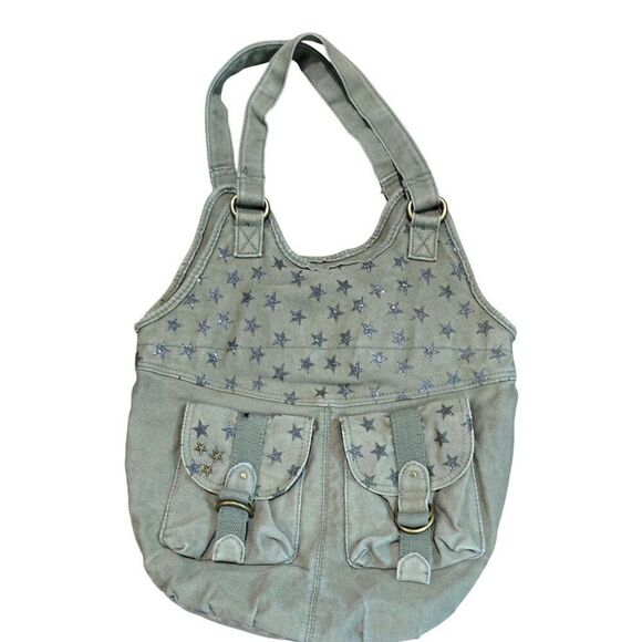 Green Canvas Tote Silver Star Print & Dual Front Buckle Pockets  Angels - Picture 2 of 9